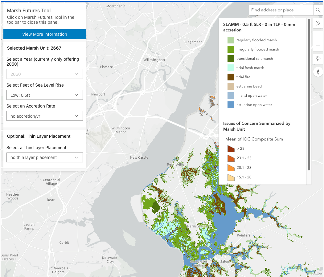 screenshot of Marsh Futures application, a map and user interface